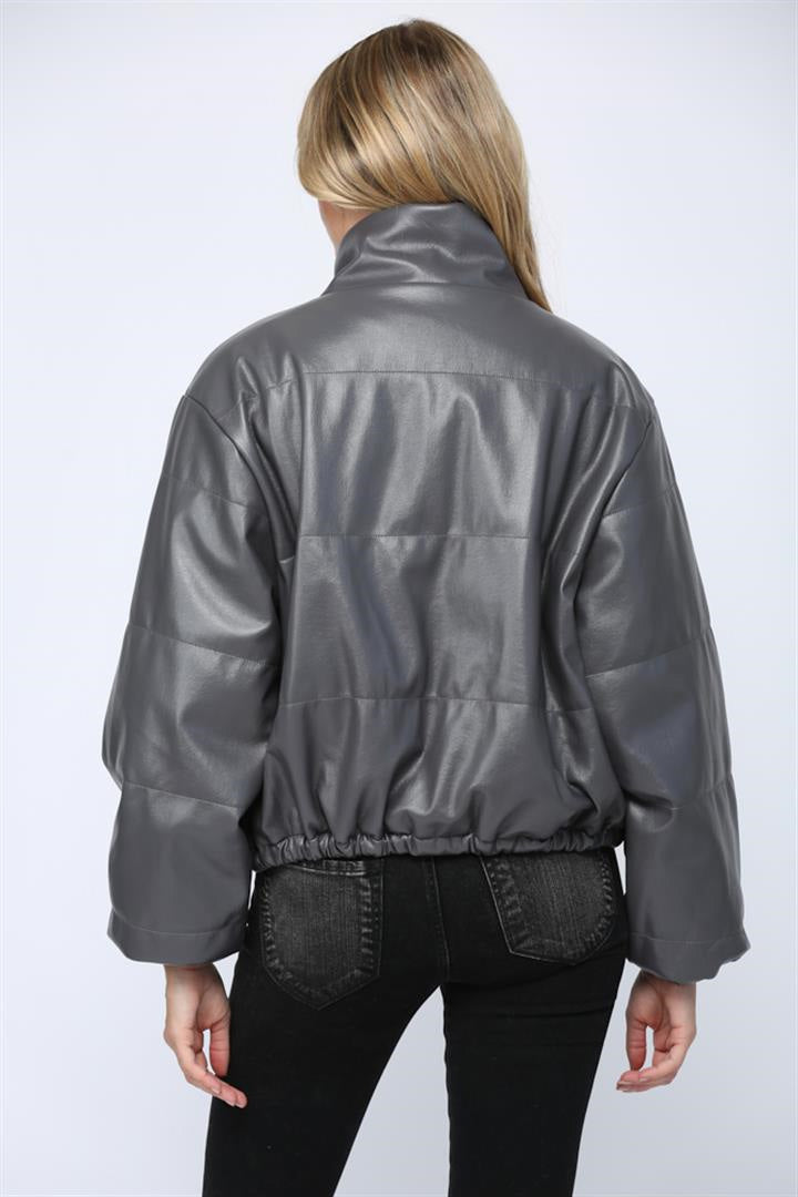 BROOKLYN GREY LEATHER PUFFER