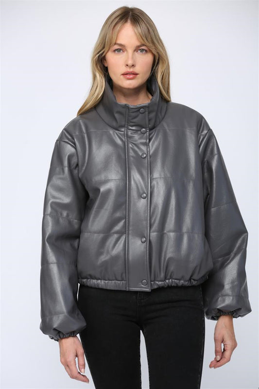 BROOKLYN GREY LEATHER PUFFER